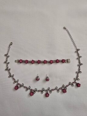 Silver-Tone Pink Rose Necklace, Bracelet & Stud Set